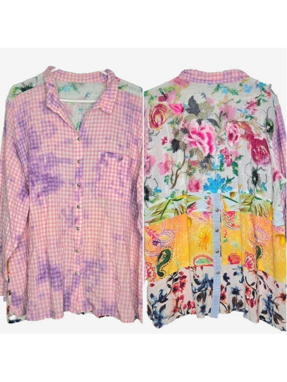 John + Mark Pink Gingham Floral Button Down Wire Collar Shirt Women's Size 1X